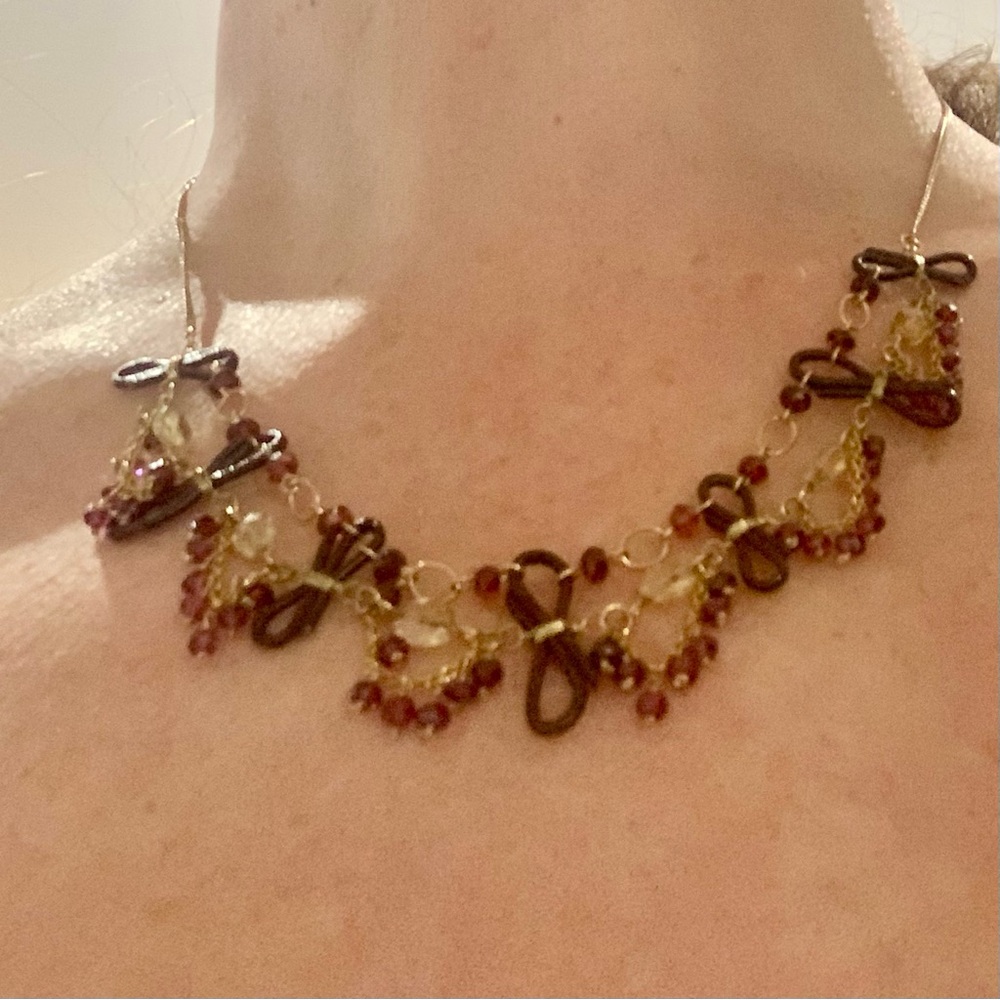 Vintage Gold Garnett Crystal and Maroon Bow Necklace